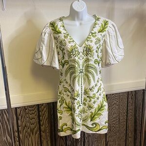 FARM Rio Green and White Mini Dress with Puff Sleeves